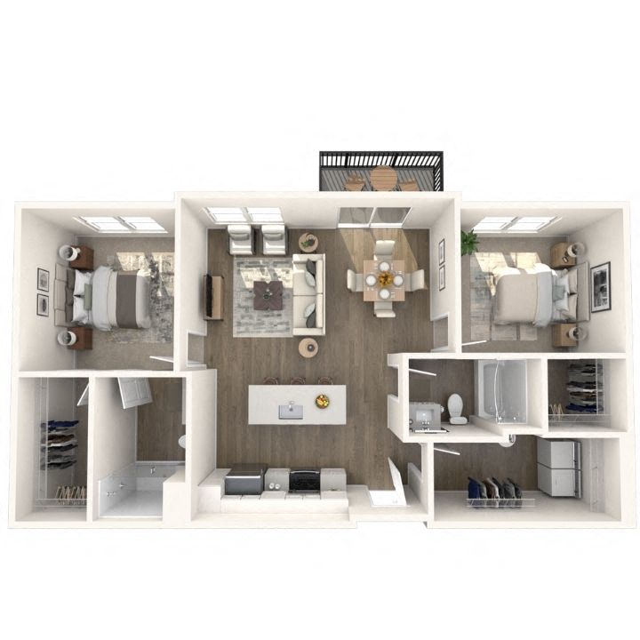 Floor plan for 2 beds, 2 baths, 1034 sqft